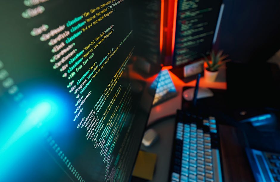 Laptop with programming code and a privacy document on screen